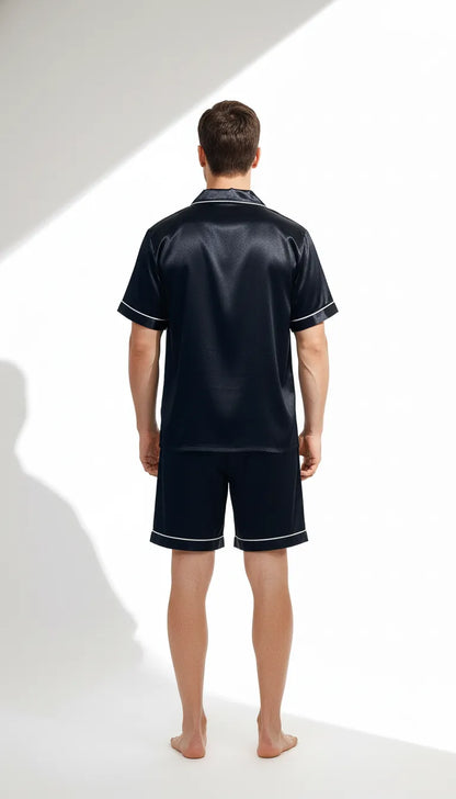 Pyjama Satin Noir pour Homme | Chemise Manches Courtes et Short | Ensemble 2 Pièces - Vue de dos