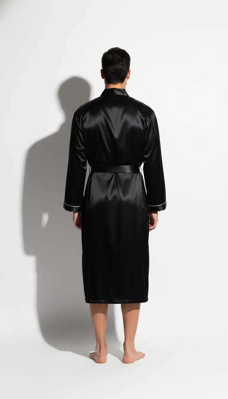 Pyjama Satin Noir pour Homme | Kimono Long | Manches Longues | 1 Pièce - Vue de dos