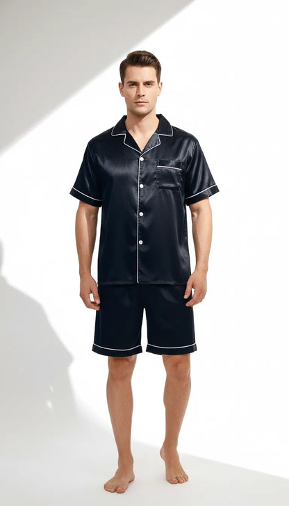 Pyjama Satin Noir pour Homme | Chemise Manches Courtes et Short | Ensemble 2 Pièces - Vue de face