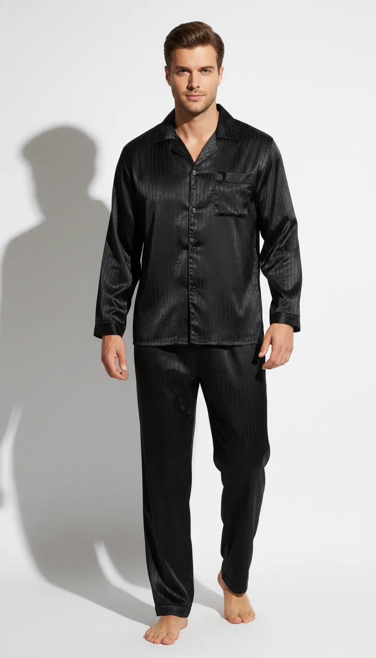 Pyjama Satin Noir pour Homme | Chemise à manches longues et pantalon | Ensemble 2 pièces - Vue de face