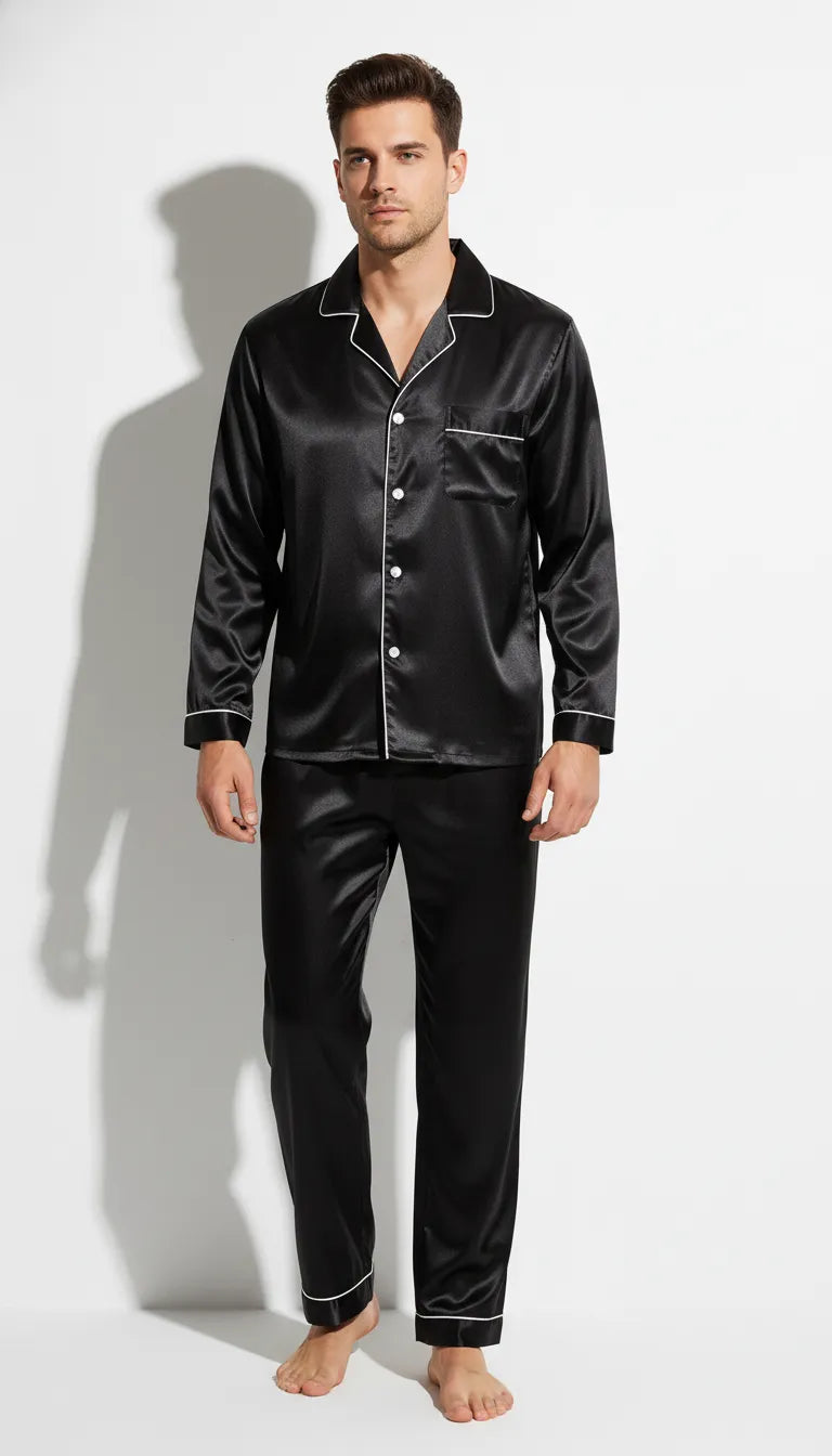 Pyjama Satin Noir pour Homme | Classique Chic avec Passepoil Blanc | Ensemble 2 Pièces (Pantalon et Chemise) | Manches Longues - Vue de face