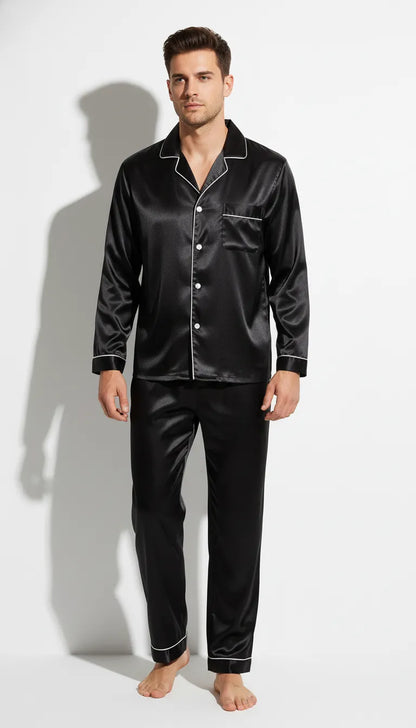 Pyjama Satin Noir pour Homme | Classique Chic avec Passepoil Blanc | Ensemble 2 Pièces (Pantalon et Chemise) | Manches Longues - Vue de face