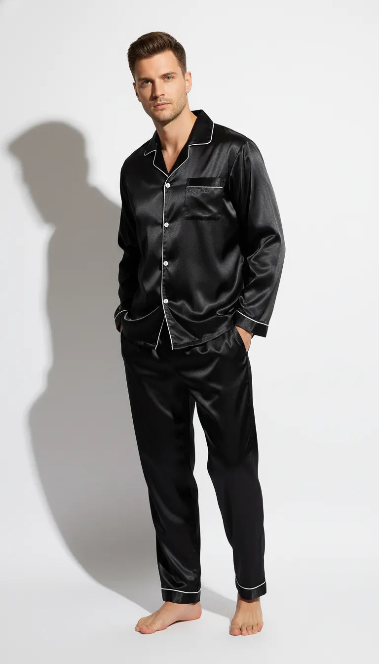 Pyjama Satin Noir pour Homme | Classique Élégant | Chemise à Manches Longues & Pantalon | Ensemble 2 Pièces - Vue de face