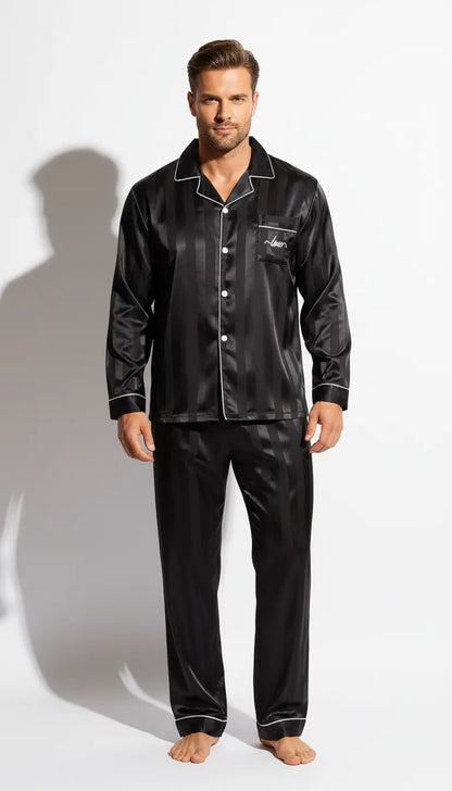 Pyjama Satin Noir pour Homme | Classique Rayé Blanc | Chemise Manches Longues & Pantalon | Ensemble 2 Pièces - Vue de face