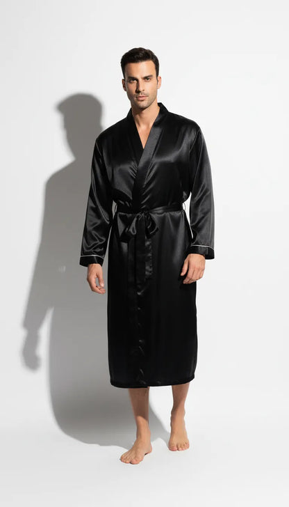 Pyjama Satin Noir pour Homme | Kimono Long | Manches Longues | 1 Pièce - Vue de face