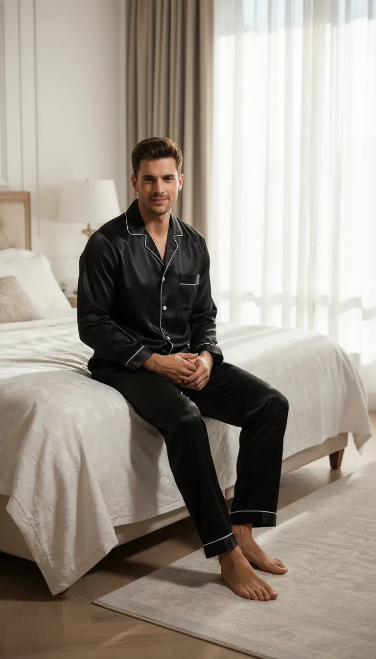 Pyjama Satin Noir pour Homme | Classique Chic avec Passepoil Blanc | Ensemble 2 Pièces (Pantalon et Chemise) | Manches Longues - Mise en situation portée