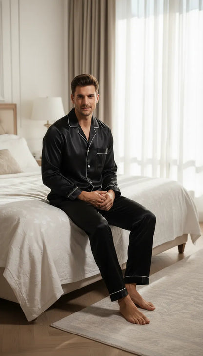 Pyjama Satin Noir pour Homme | Classique Chic avec Passepoil Blanc | Ensemble 2 Pièces (Pantalon et Chemise) | Manches Longues - Mise en situation portée