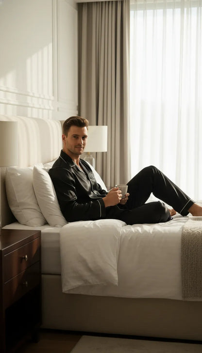 Pyjama Satin Noir pour Homme | Classique Élégant | Chemise à Manches Longues & Pantalon | Ensemble 2 Pièces - Mise en situation portée