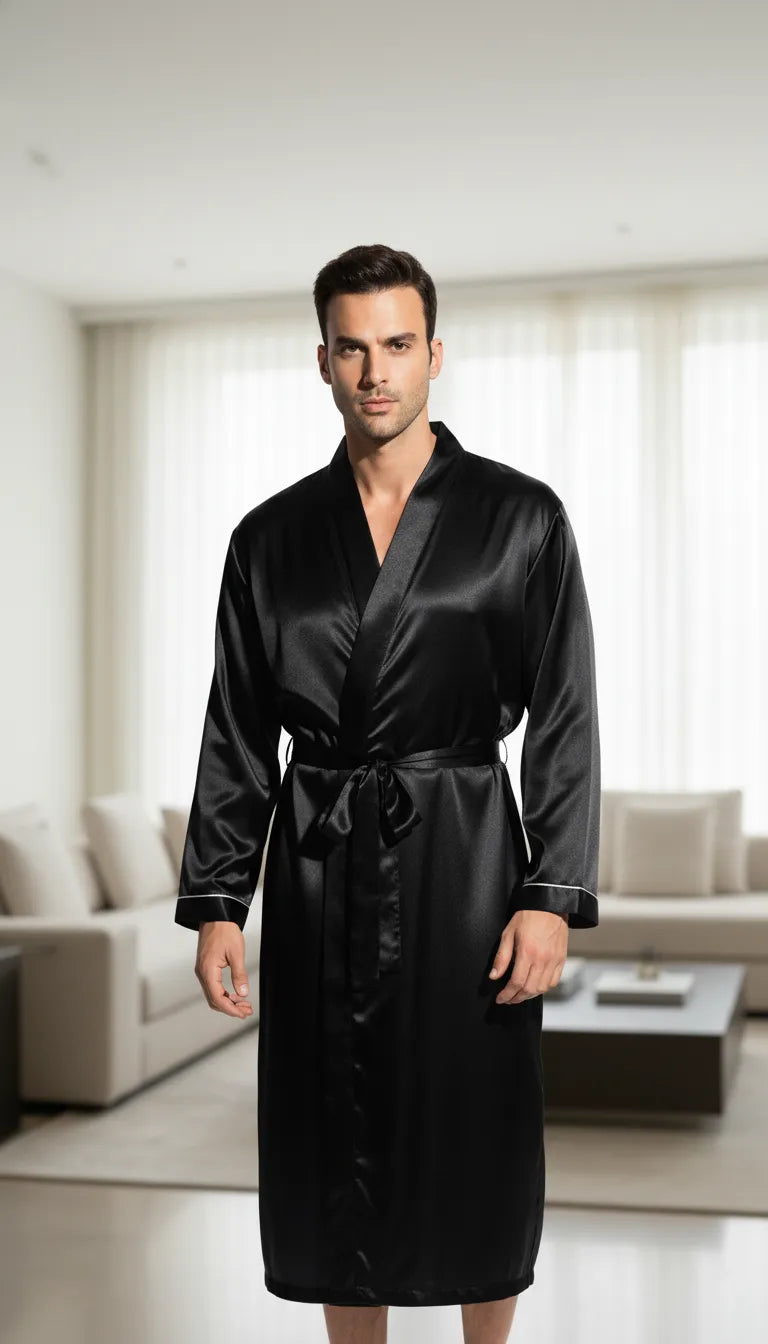Pyjama Satin Noir pour Homme | Kimono Long | Manches Longues | 1 Pièce - Mise en situation portée