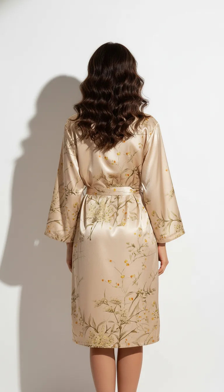 Pyjama Satin Or pour Femme | Kimono Long à Imprimé Floral | 1 Pièce - Vue de dos