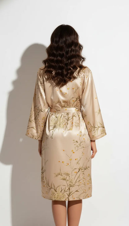 Pyjama Satin Or pour Femme | Kimono Long à Imprimé Floral | 1 Pièce - Vue de dos