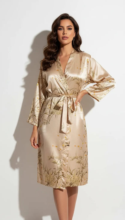 Pyjama Satin Or pour Femme | Kimono Long à Imprimé Floral | 1 Pièce - Vue de face