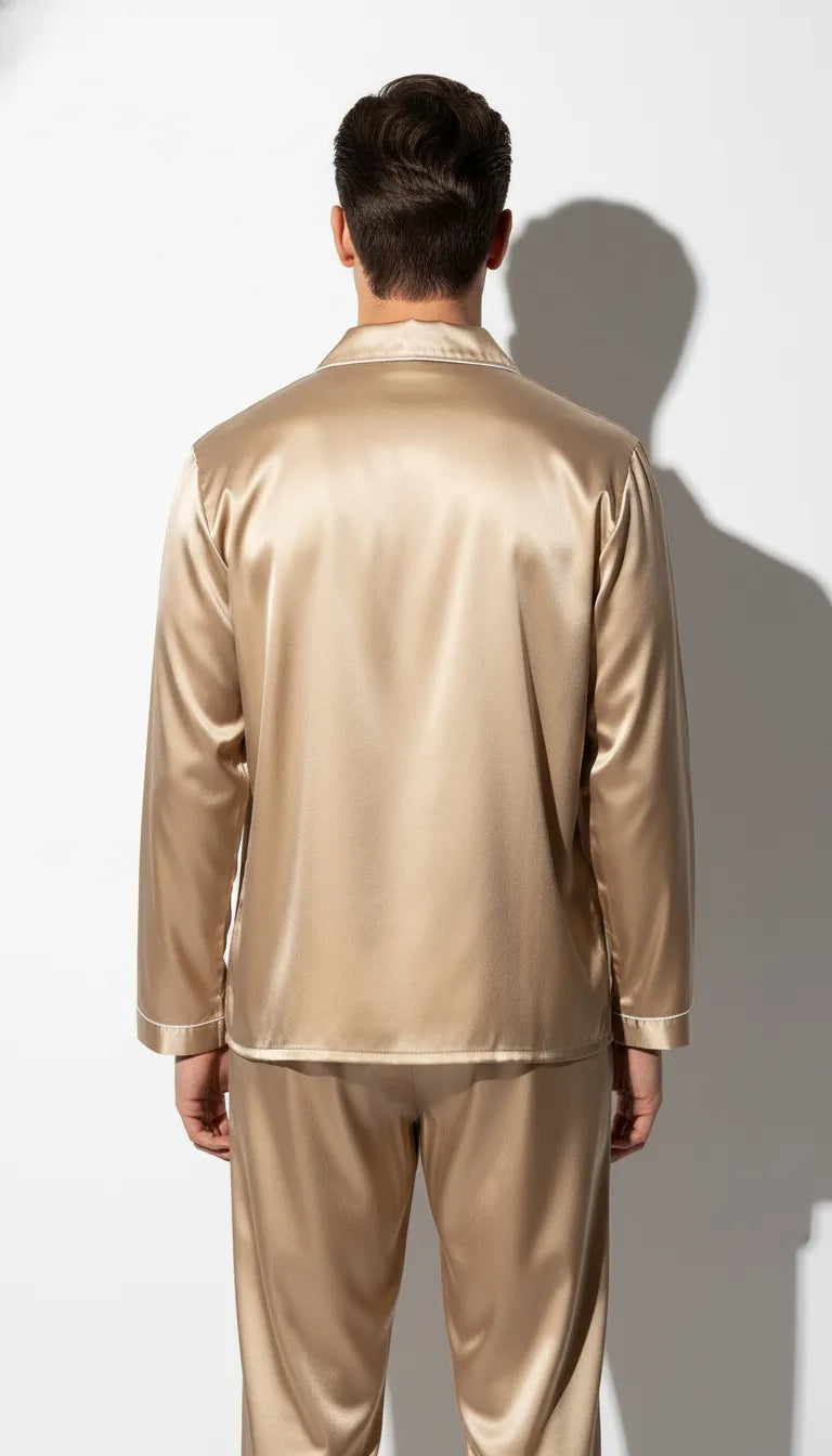 Pyjama Satin Or pour Homme | Chemise Satinée & Pantalon | Ensemble 2 Pièces Manches Longues - Vue de dos