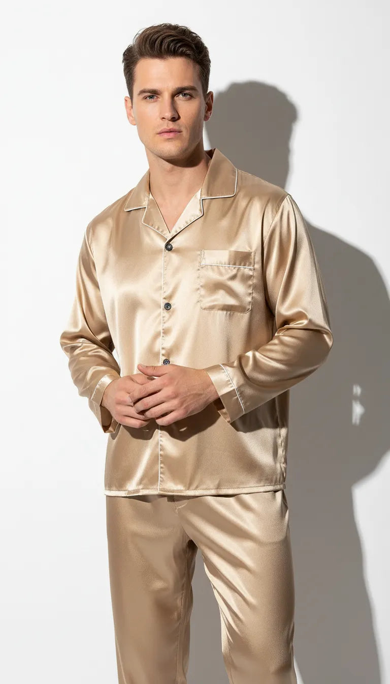 Pyjama Satin Or pour Homme | Chemise Satinée & Pantalon | Ensemble 2 Pièces Manches Longues - Vue de face