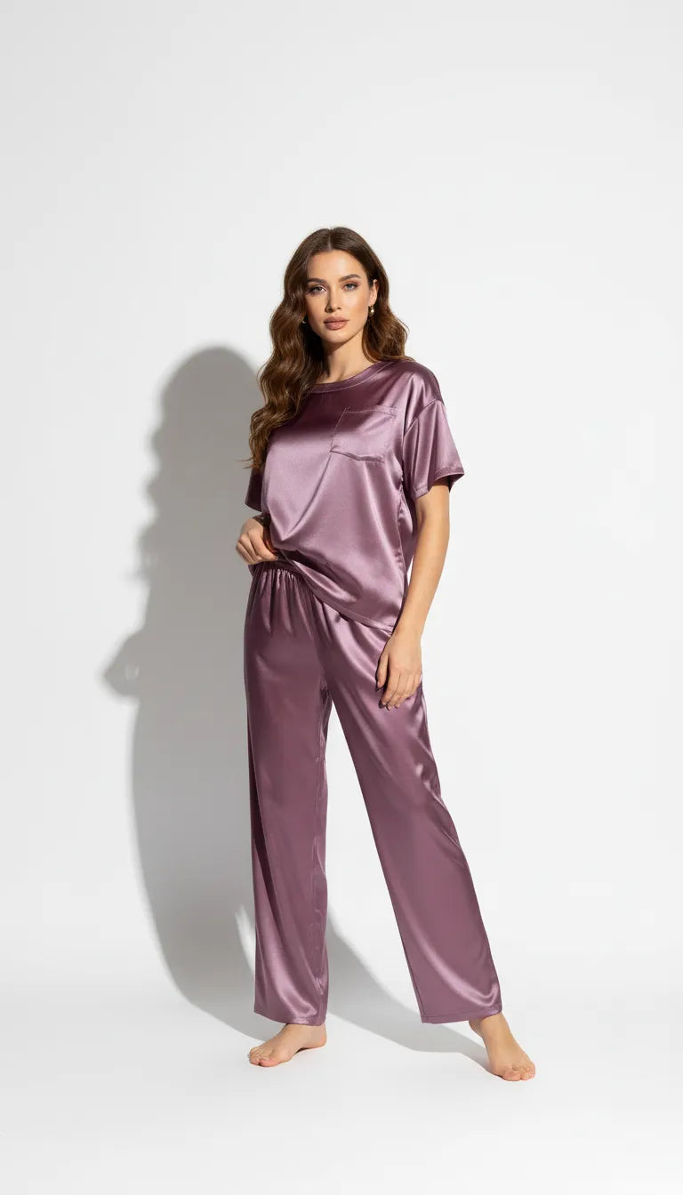 Pyjama Satin Prune pour Femme | Chic et Moderne | Ensemble T-shirt Manches Courtes et Pantalon | 2 Pièces - Vue de face