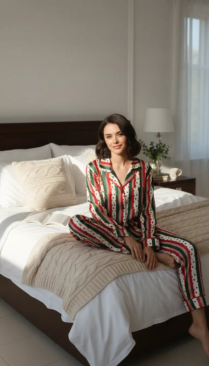 Pyjama Satin Rayures & Pois Vert et Rouge pour Femme | Chic & Cosy | Chemise Manches Longues et Pantalon | 2 Pièces - Mise en situation portée
