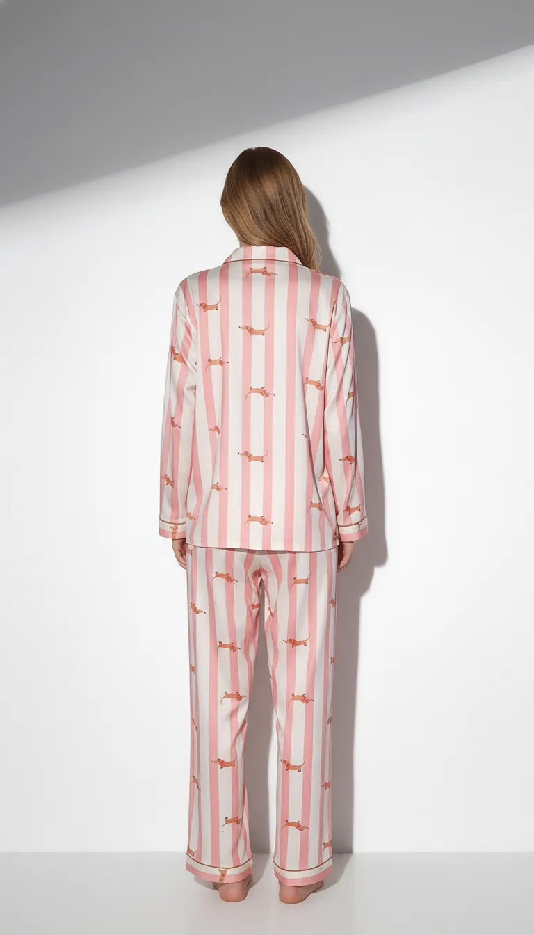 Pyjama Satin Rose | Moderne Chic | Chemise Femme | Ensemble 2 Pièces - Vue de dos