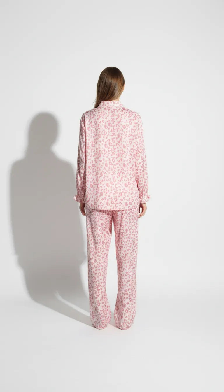 Pyjama Satin Rose | Moderne Chic | Chemise & Pantalon Femme | Ensemble 2 Pièces - Vue de dos