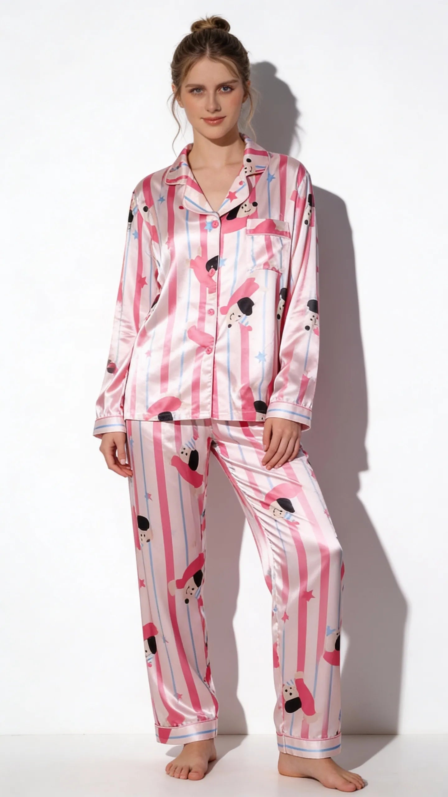 Pyjama Satin Rose | Moderne chic | Chemise et Pantalon Femme | Ensemble 2 Pièces - Vue de face