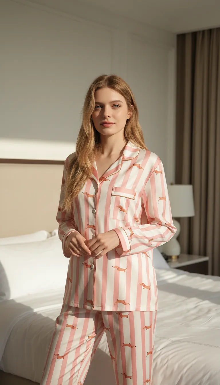 Pyjama Satin Rose | Moderne Chic | Chemise Femme | Ensemble 2 Pièces - Mise en situation portée
