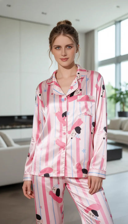 Pyjama Satin Rose | Moderne chic | Chemise et Pantalon Femme | Ensemble 2 Pièces - Mise en situation portée