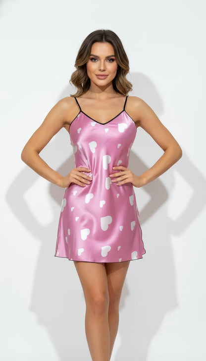 Pyjama Satin Rose Femme | Nuisette Romantique Cœurs Blancs | 1 Pièce - Vue de face