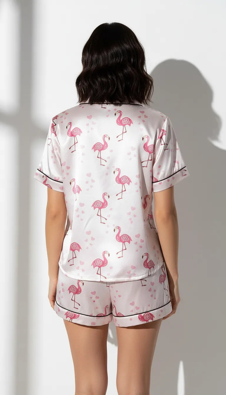 Pyjama Satin Rose Flamant | Romantique & Féminin | Chemise Manches Courtes & Short | 2 Pièces Femme - Vue de dos