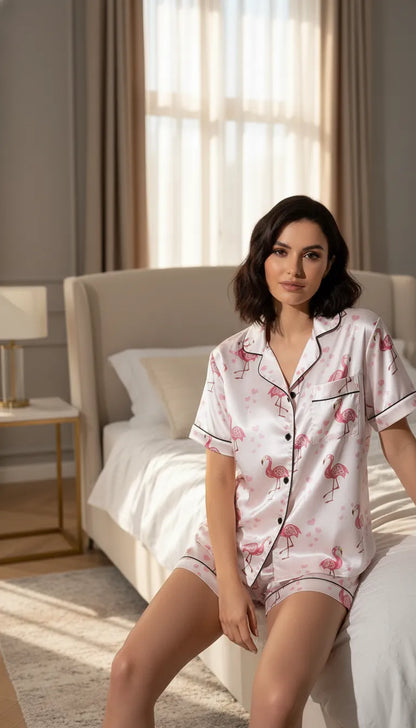 Pyjama Satin Rose Flamant | Romantique & Féminin | Chemise Manches Courtes & Short | 2 Pièces Femme - Mise en situation portée