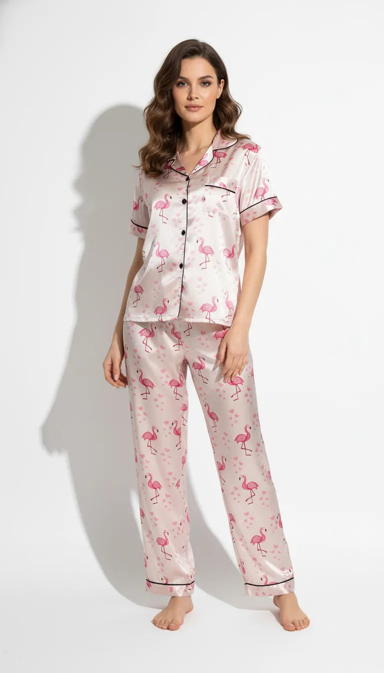 Pyjama Satin Rose Flamant Rose pour Femme | Ensemble 2 Pièces Chemise Manches Courtes & Pantalon | Douceur & Fantaisie - Vue de face
