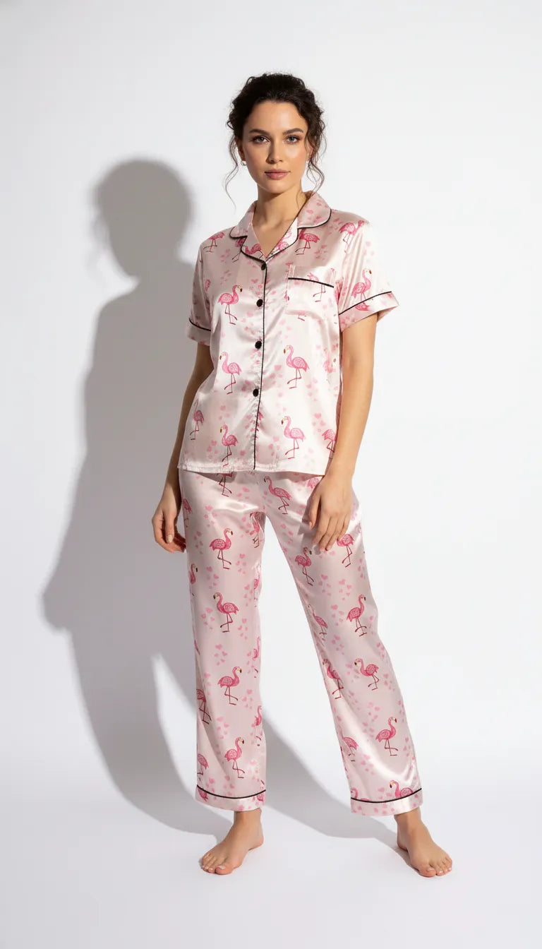 Pyjama Satin Rose Flamant Rose pour Femme | Chic & Confortable | Chemise Manches Courtes & Pantalon 2 Pièces - Vue de face