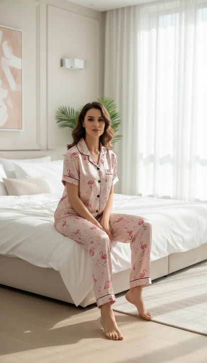 Pyjama Satin Rose Flamant Rose pour Femme | Ensemble 2 Pièces Chemise Manches Courtes & Pantalon | Douceur & Fantaisie - Mise en situation portée