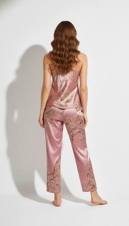 Pyjama Satin Rose Fleuri pour Femme | Nuisette Décolletée & Pantalon Droit | Ensemble 2 Pièces - Vue de dos