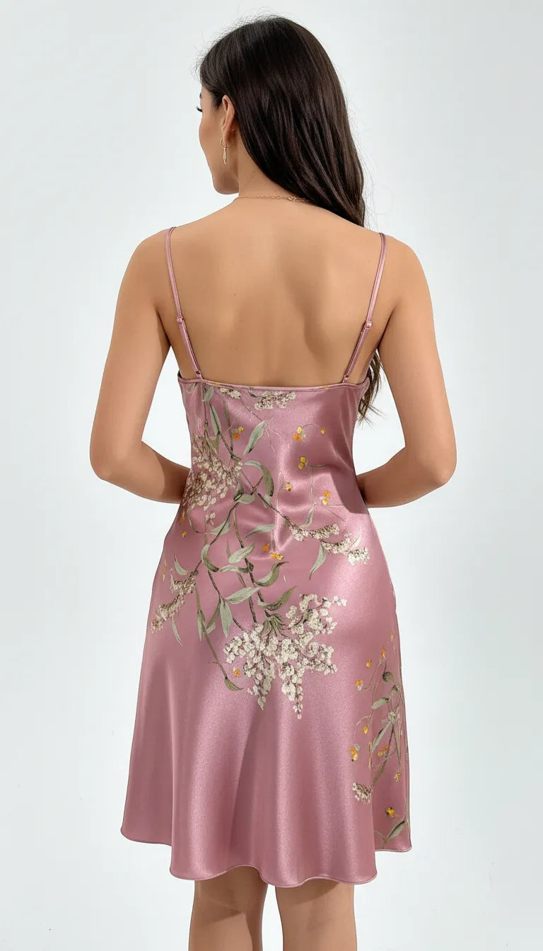 Pyjama Satin Rose Fleurie pour Femme | Nuisette Décolleté en V | Bretelles Fines | 1 Pièce - Vue de dos