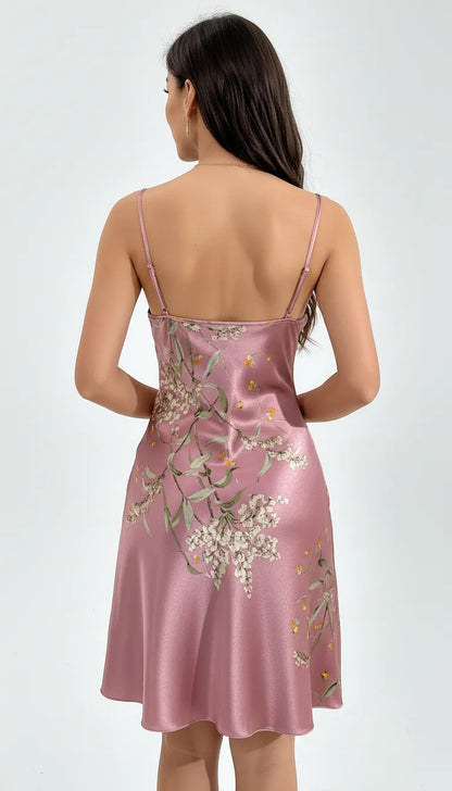 Pyjama Satin Rose Fleurie pour Femme | Nuisette Décolleté en V | Bretelles Fines | 1 Pièce - Vue de dos