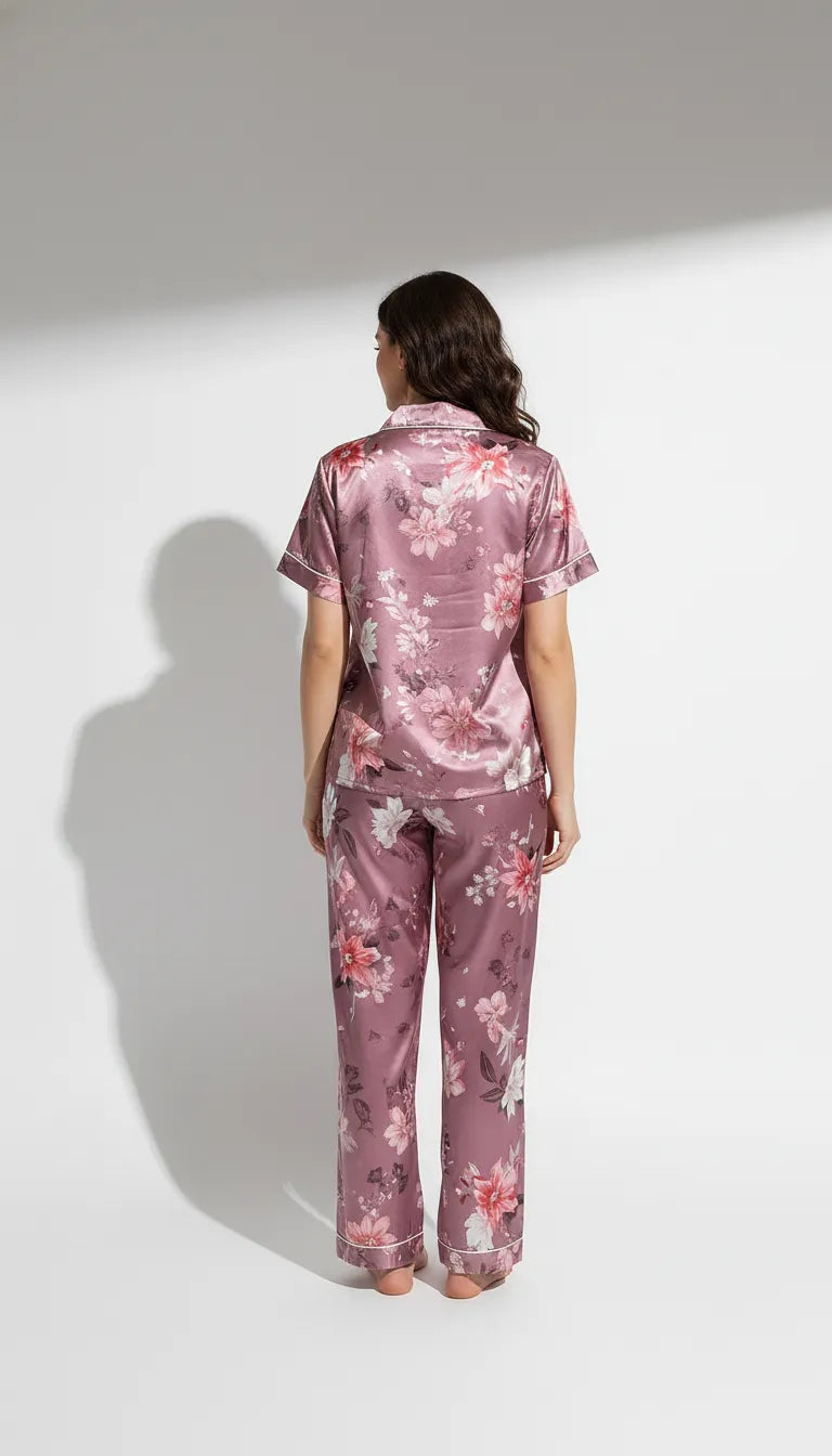 Pyjama Satin Rose Fleurie pour Femme | Ensemble Chemise Manches Courtes & Pantalon 2 Pièces - Vue de dos