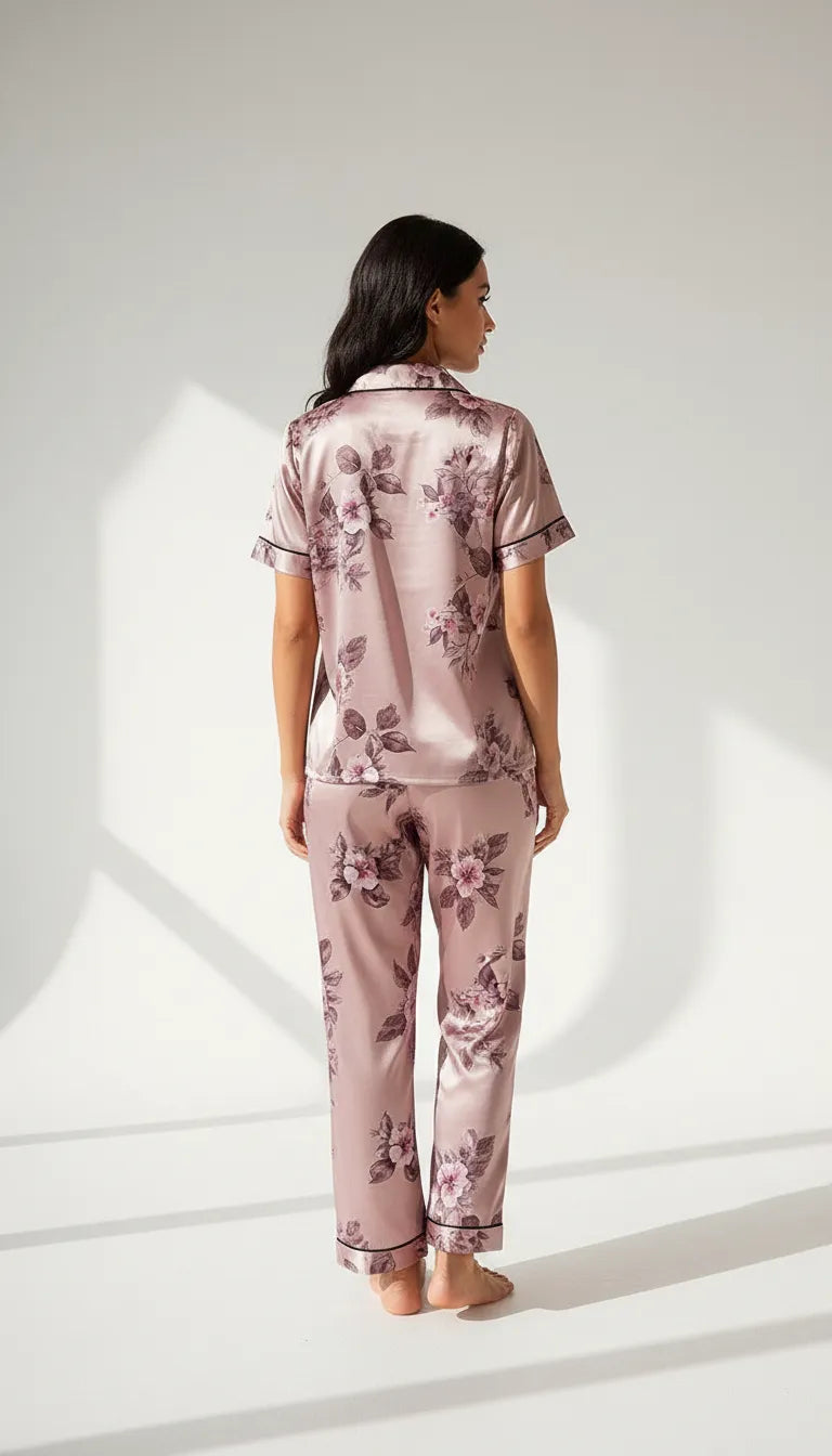 Pyjama Satin Rose Fleurie pour Femme | Ensemble 2 Pièces | Chemise Manches Courtes & Pantalon Fluide - Vue de dos
