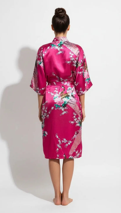 Pyjama Satin Rose Fleurie pour Femme | Kimono Long et Pantalon | Ensemble 2 Pièces - Vue de dos