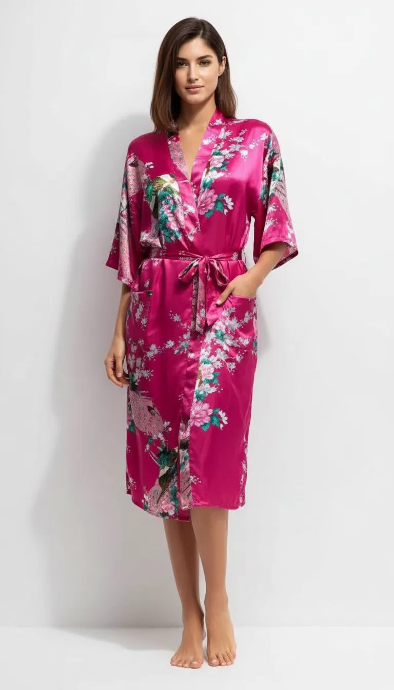 Pyjama Satin Rose Fleurie pour Femme | Kimono Long et Pantalon | Ensemble 2 Pièces - Vue de face