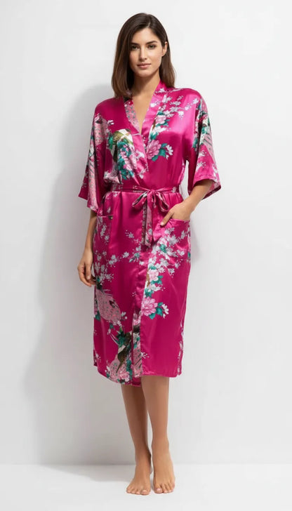 Pyjama Satin Rose Fleurie pour Femme | Kimono Long et Pantalon | Ensemble 2 Pièces - Vue de face