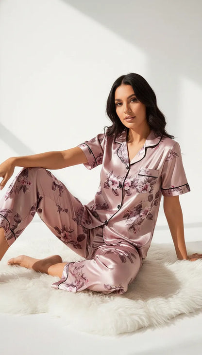 Pyjama Satin Rose Fleurie pour Femme | Ensemble 2 Pièces | Chemise Manches Courtes & Pantalon Fluide - Vue de face
