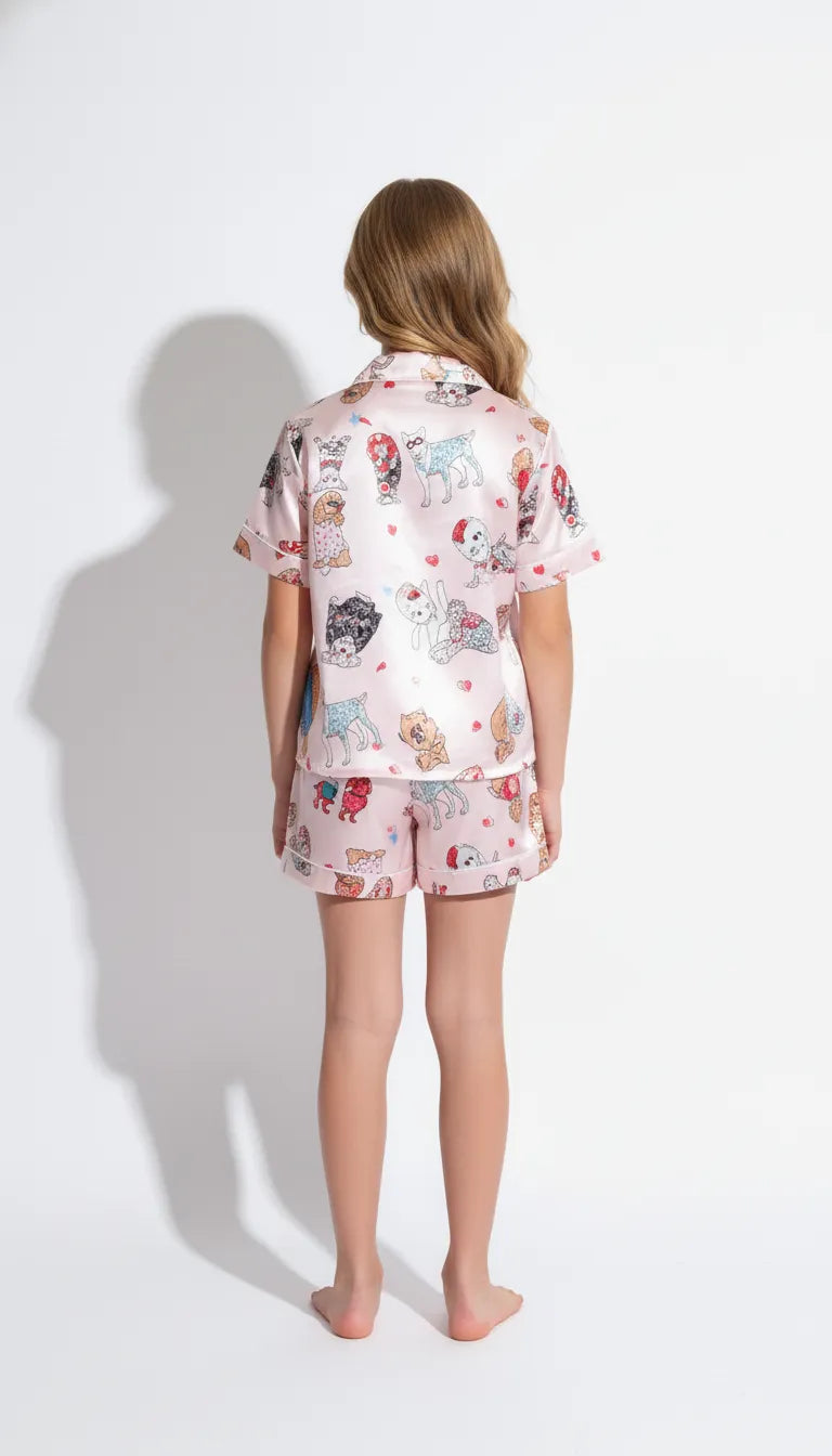 Pyjama Satin Rose Pastel pour Fille | Motif Chiens Romantique | Chemise Manches Courtes & Short | Ensemble 2 Pièces - Vue de dos