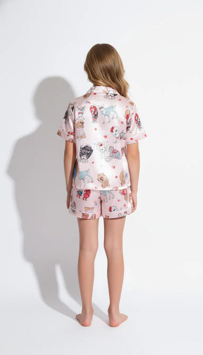 Pyjama Satin Rose Pastel pour Fille | Motif Chiens Romantique | Chemise Manches Courtes & Short | Ensemble 2 Pièces - Vue de dos