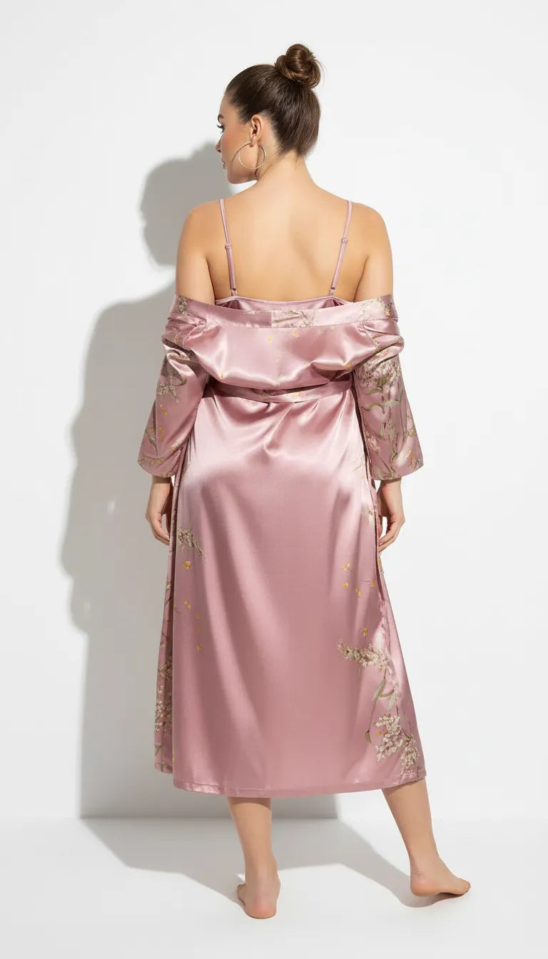 Pyjama Satin Rose Poudré Femme | Nuisette Décolletée & Kimono Long Fleuri | 2 Pièces - Vue de dos