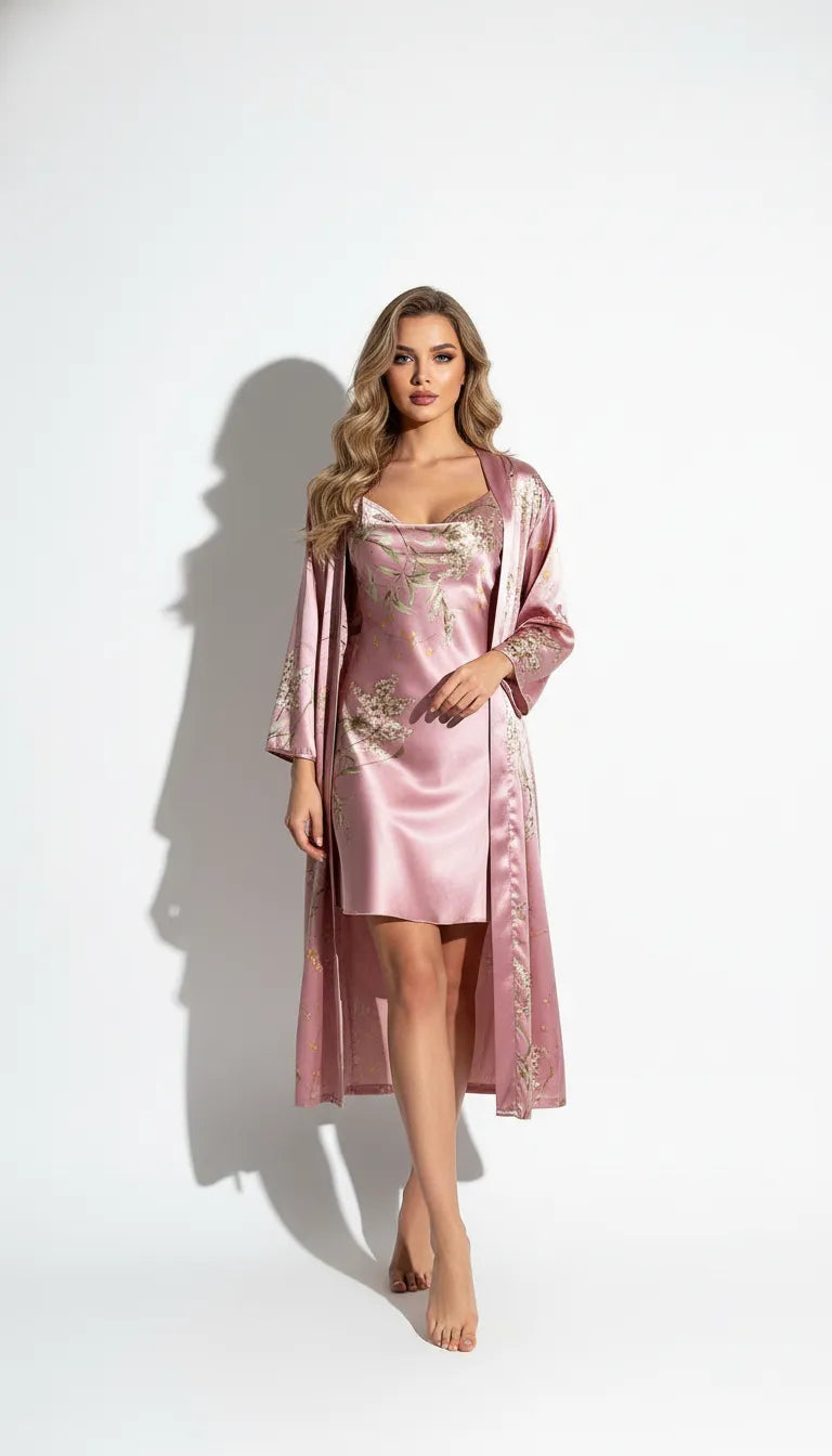Pyjama Satin Rose Poudré Femme | Nuisette Décolletée & Kimono Long Fleuri | 2 Pièces - Vue de face