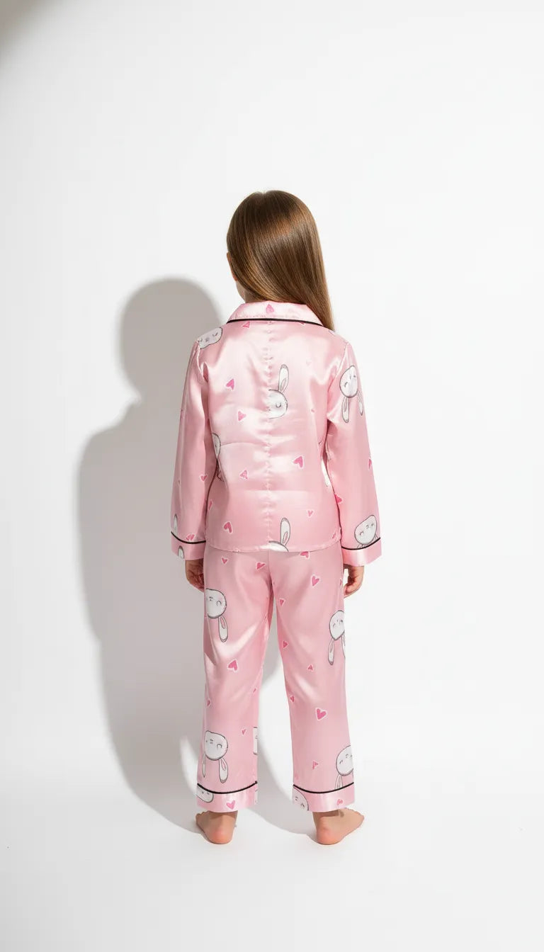 Pyjama Satin Rose Poudré Fille | Ensemble Chemise Boutonnée & Pantalon Imprimé Lapins Mignons | 2 Pièces - Vue de dos