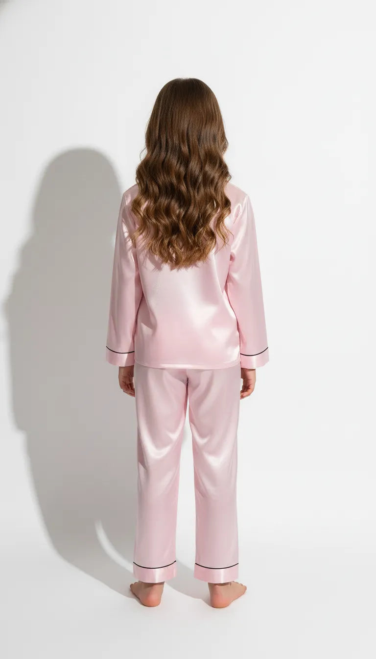 Pyjama Satin Rose Poudré Fille | Classique Chic & Confort | Chemise et Pantalon Longs | Ensemble 2 Pièces - Vue de dos