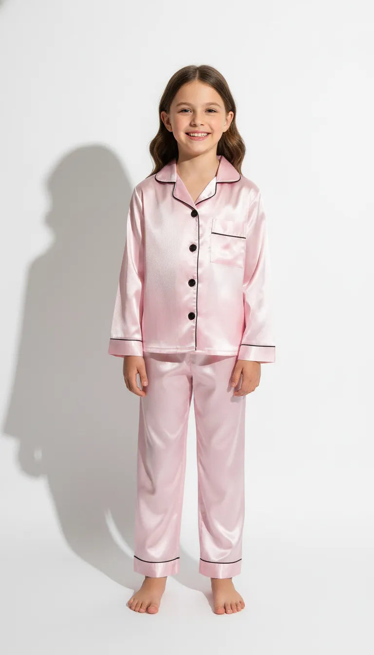 Pyjama Satin Rose Poudré Fille | Classique Chic & Confort | Chemise et Pantalon Longs | Ensemble 2 Pièces - Vue de face