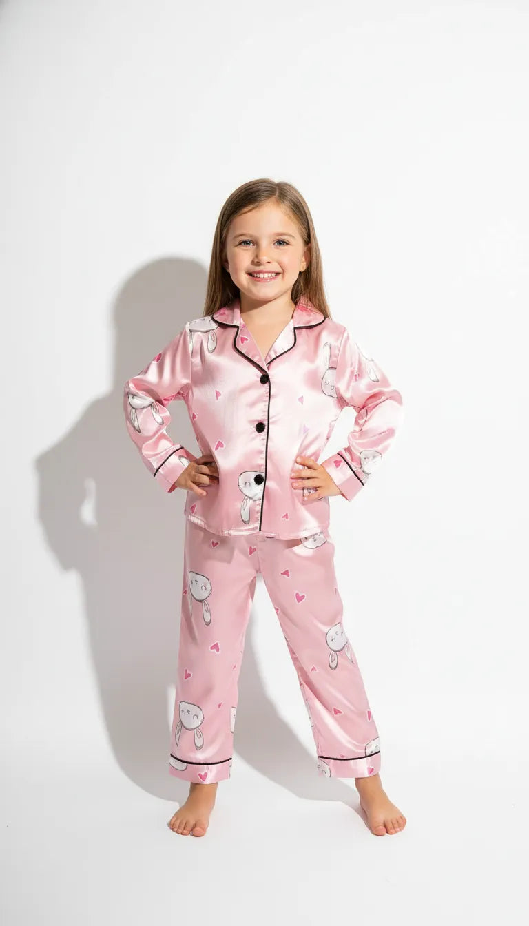 Pyjama Satin Rose Poudré Fille | Ensemble Chemise Boutonnée & Pantalon Imprimé Lapins Mignons | 2 Pièces - Vue de face