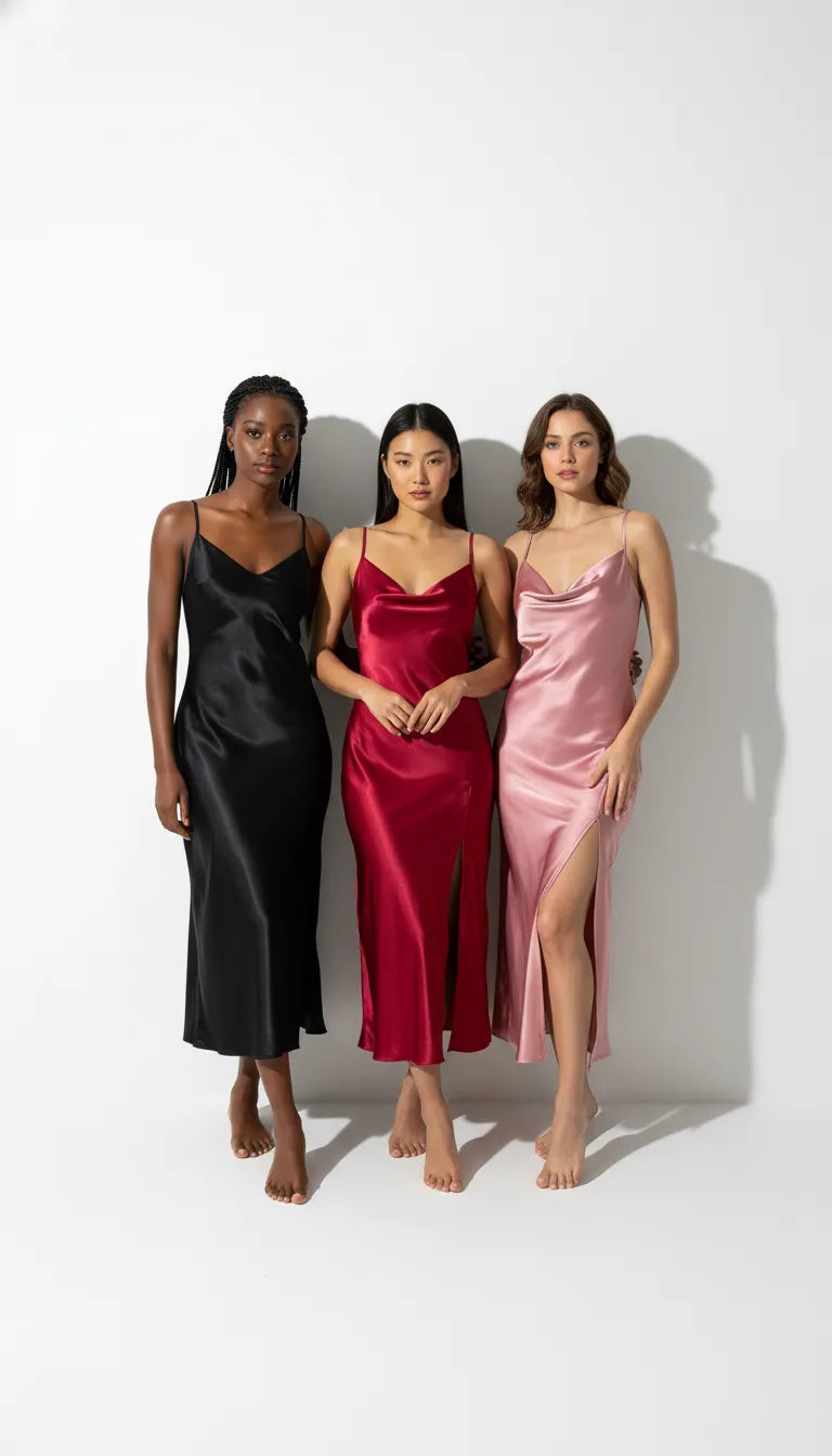 Pyjama Satin Rose Poudré-Rouge-Noir pour Femme | Nuisette Drappée et fendue | 1 Pièce - Vue de face