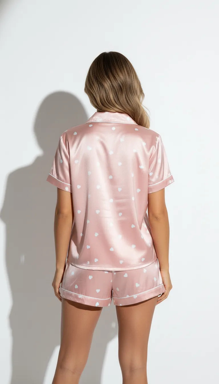 Pyjama Satin Rose Poudré à Coeurs Blancs pour Femme | Ensemble Chemise et Short avec Liserés Blancs | 2 Pièces - Vue de dos